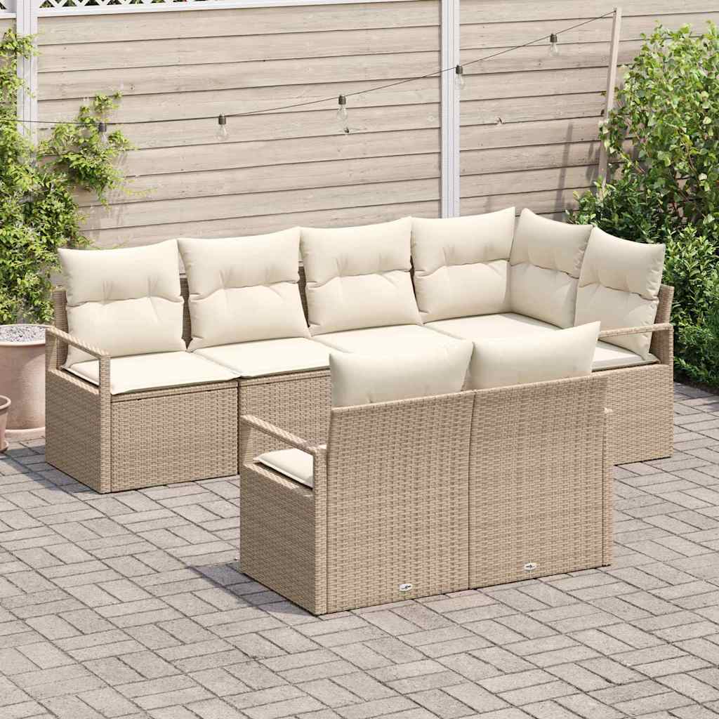 Gartensofa-set mit Kissen 7 pcs Beige und Weiß Poly-Rattan