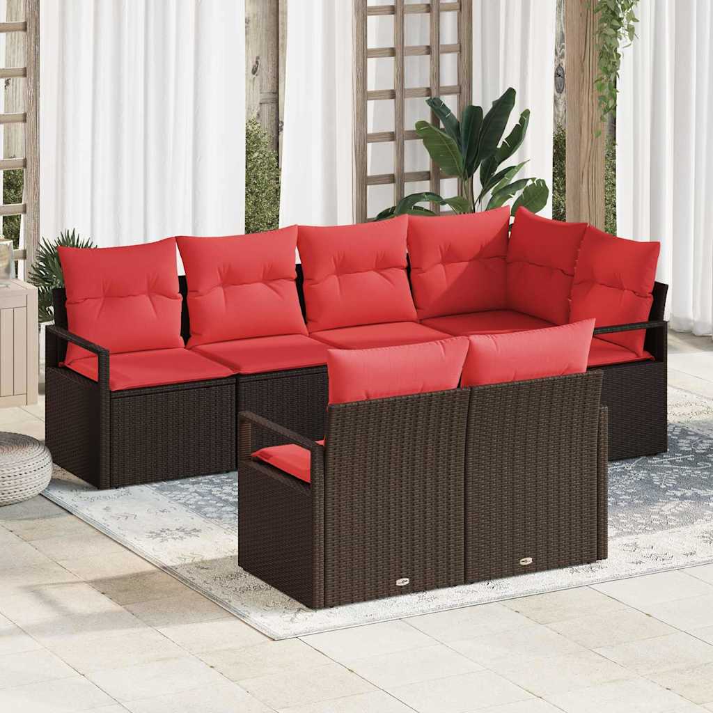 Gartensofa-set mit Kissen 7 pcs Braun und Rot Poly-Rattan