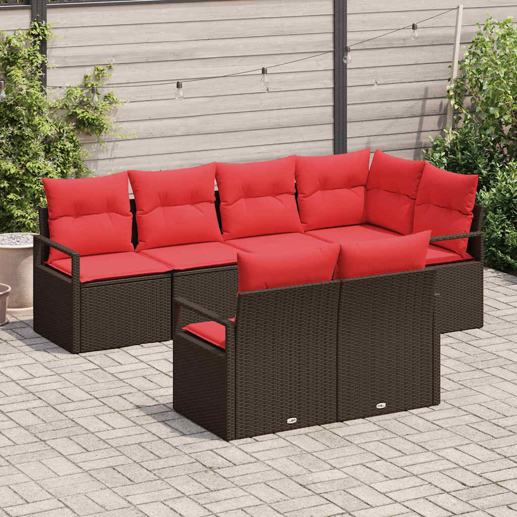 Gartensofa-set mit Kissen 7 pcs Braun und Rot Poly-Rattan