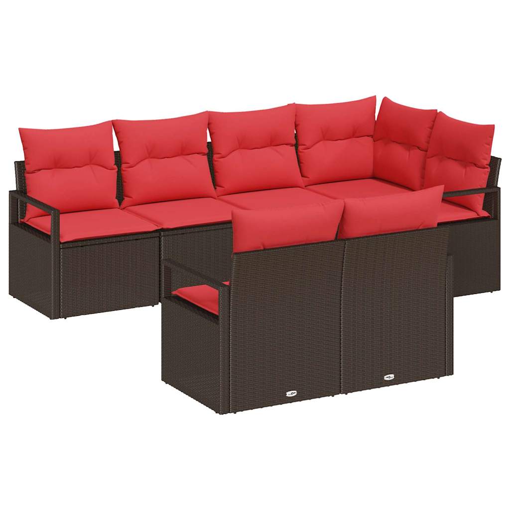 Gartensofa-set mit Kissen 7 pcs Braun und Rot Poly-Rattan