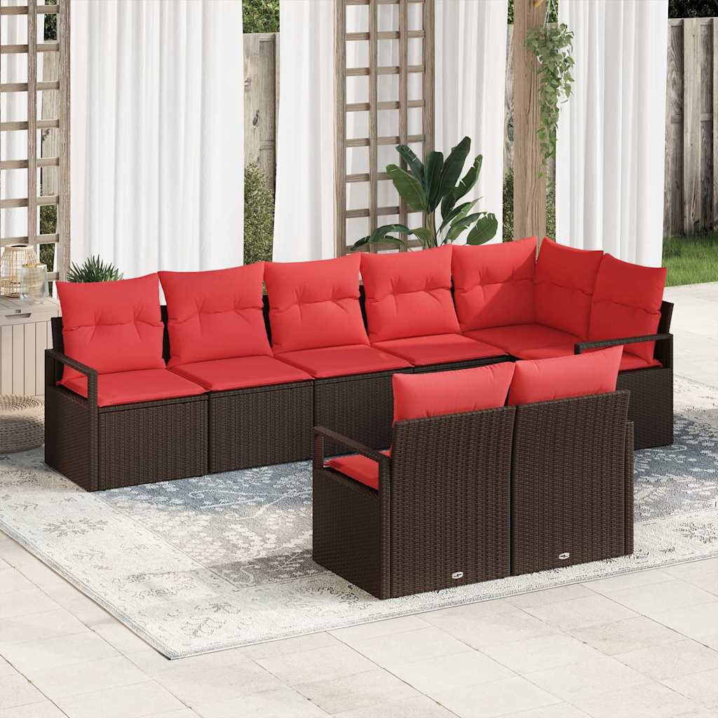 Gartensofa-set mit Kissen 8 pcs Braun und Rot Poly-Rattan