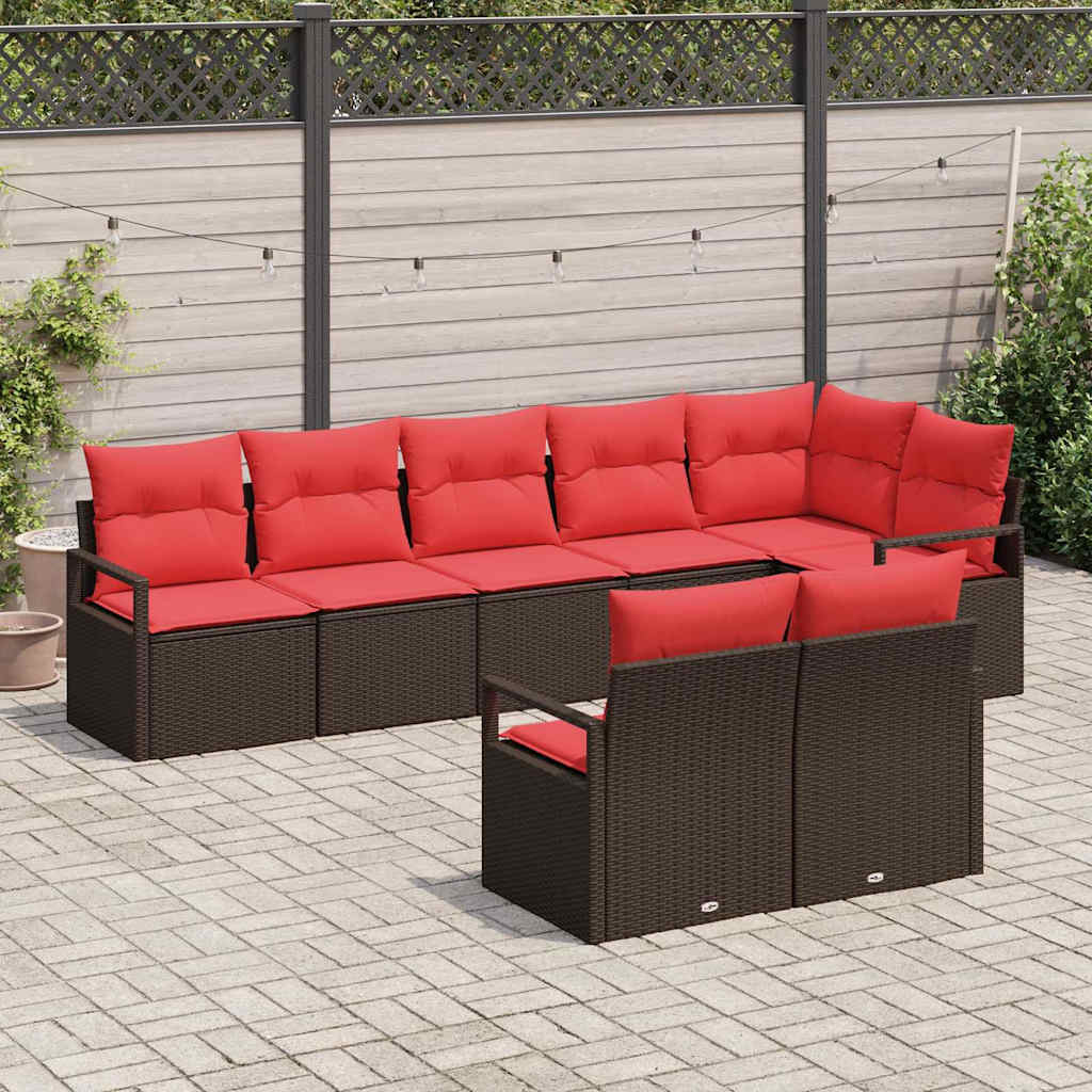 Gartensofa-set mit Kissen 8 pcs Braun und Rot Poly-Rattan