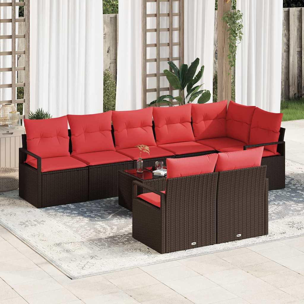 Gartensofa-set mit Kissen 9 pcs Braun und Rot Poly-Rattan