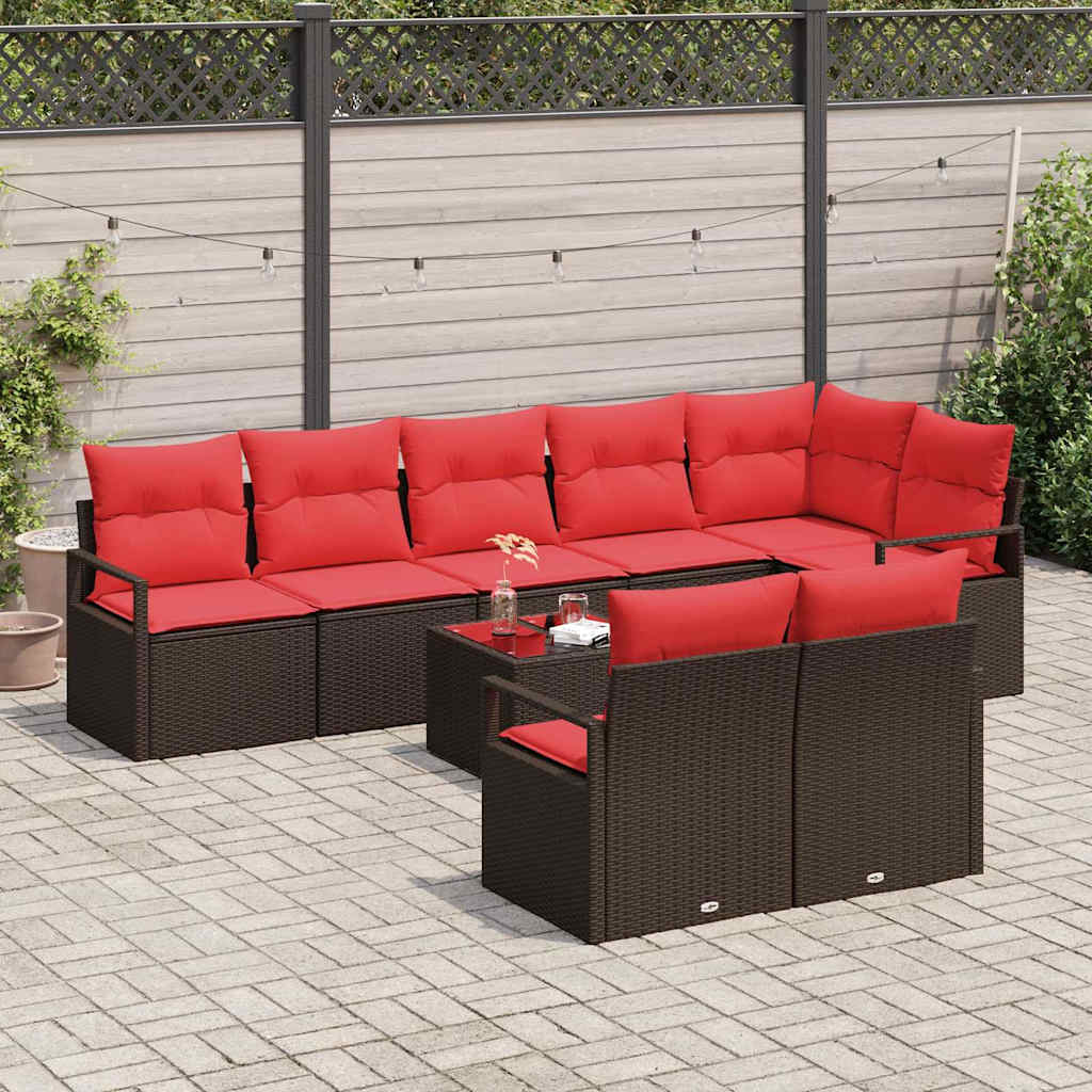 Gartensofa-set mit Kissen 9 pcs Braun und Rot Poly-Rattan