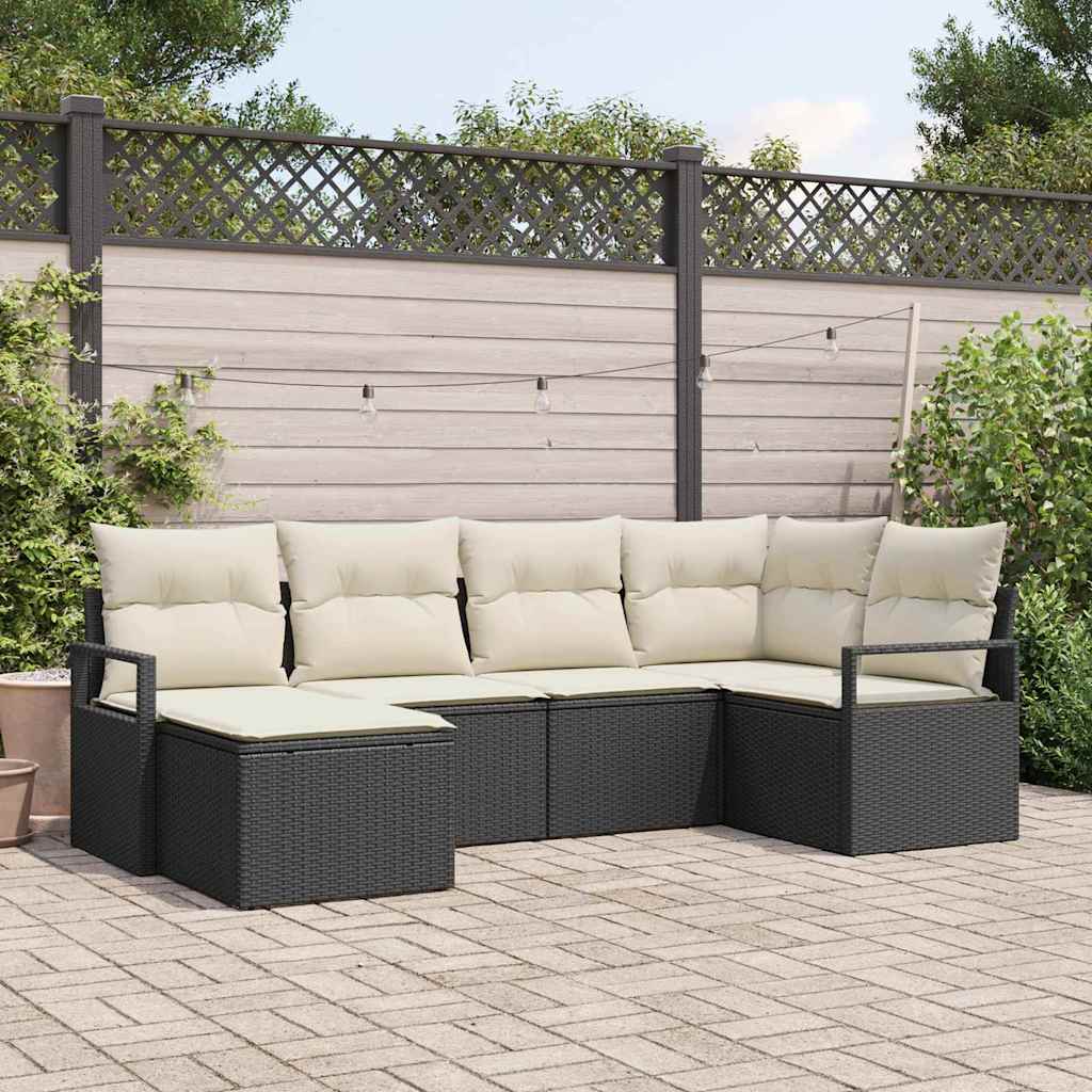 Sofa Set mit Kissen 6 pcs Schwarz und Creme Poly-Rattan