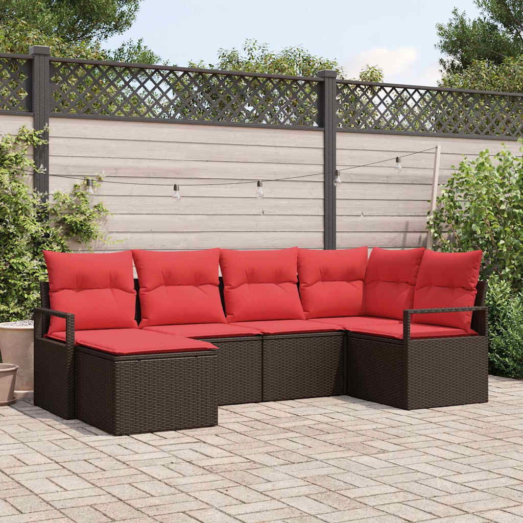 Sofa Set mit Kissen 6 pcs Braun und Rot Poly-Rattan