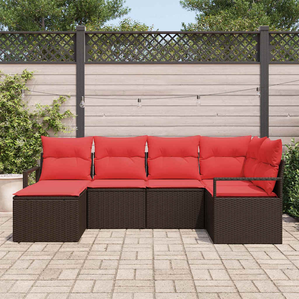 Sofa Set mit Kissen 6 pcs Braun und Rot Poly-Rattan