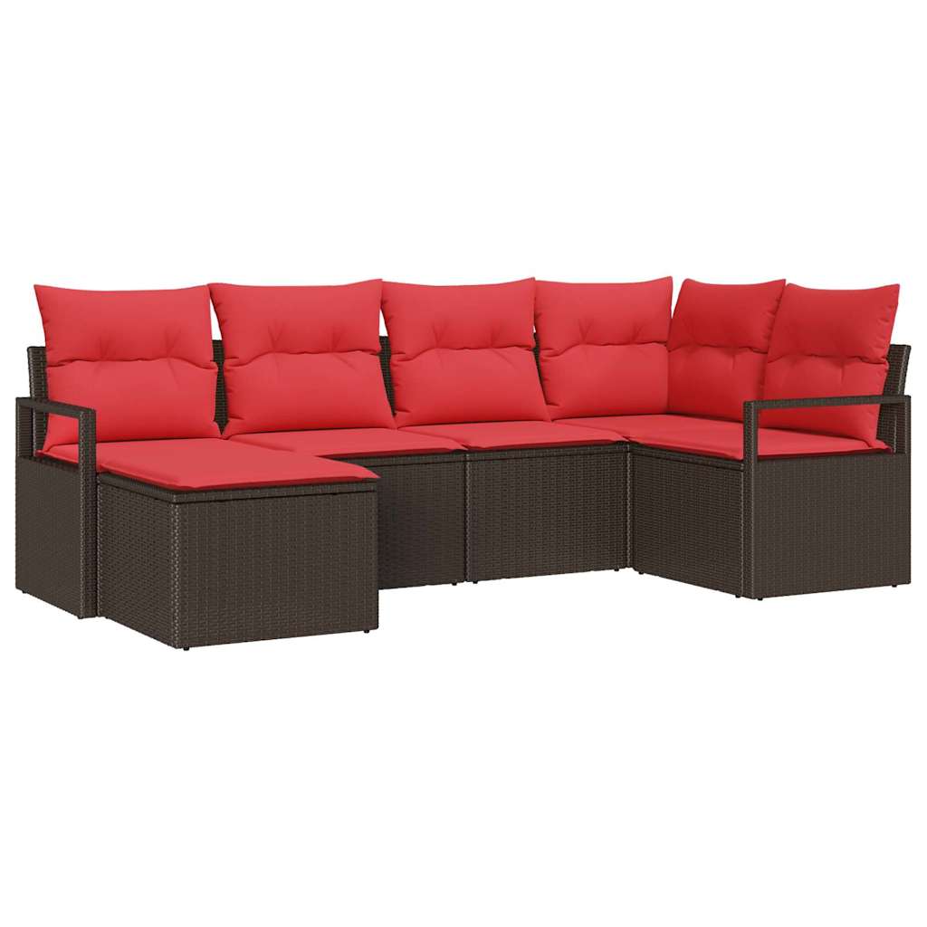 Sofa Set mit Kissen 6 pcs Braun und Rot Poly-Rattan