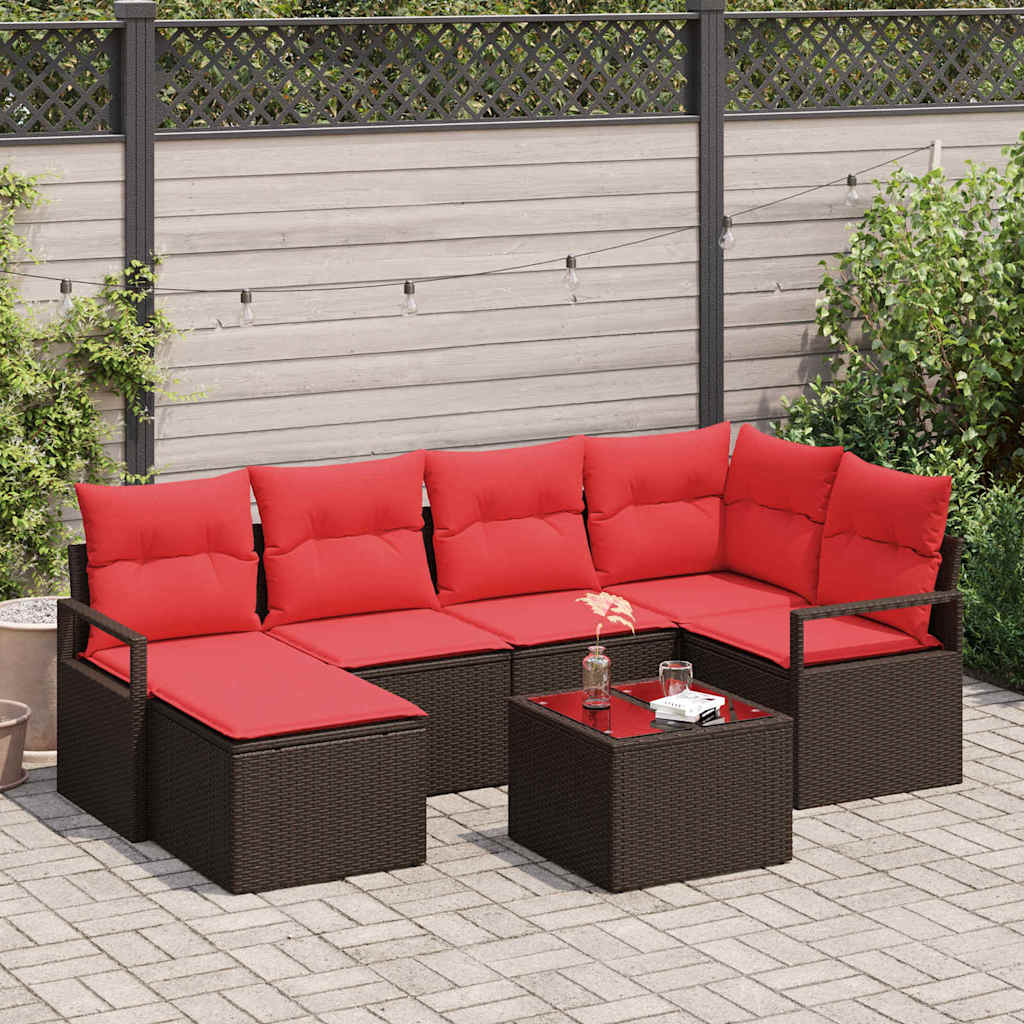 Sofa Set mit Kissen 7 pcs Braun und Rot Poly-Rattan