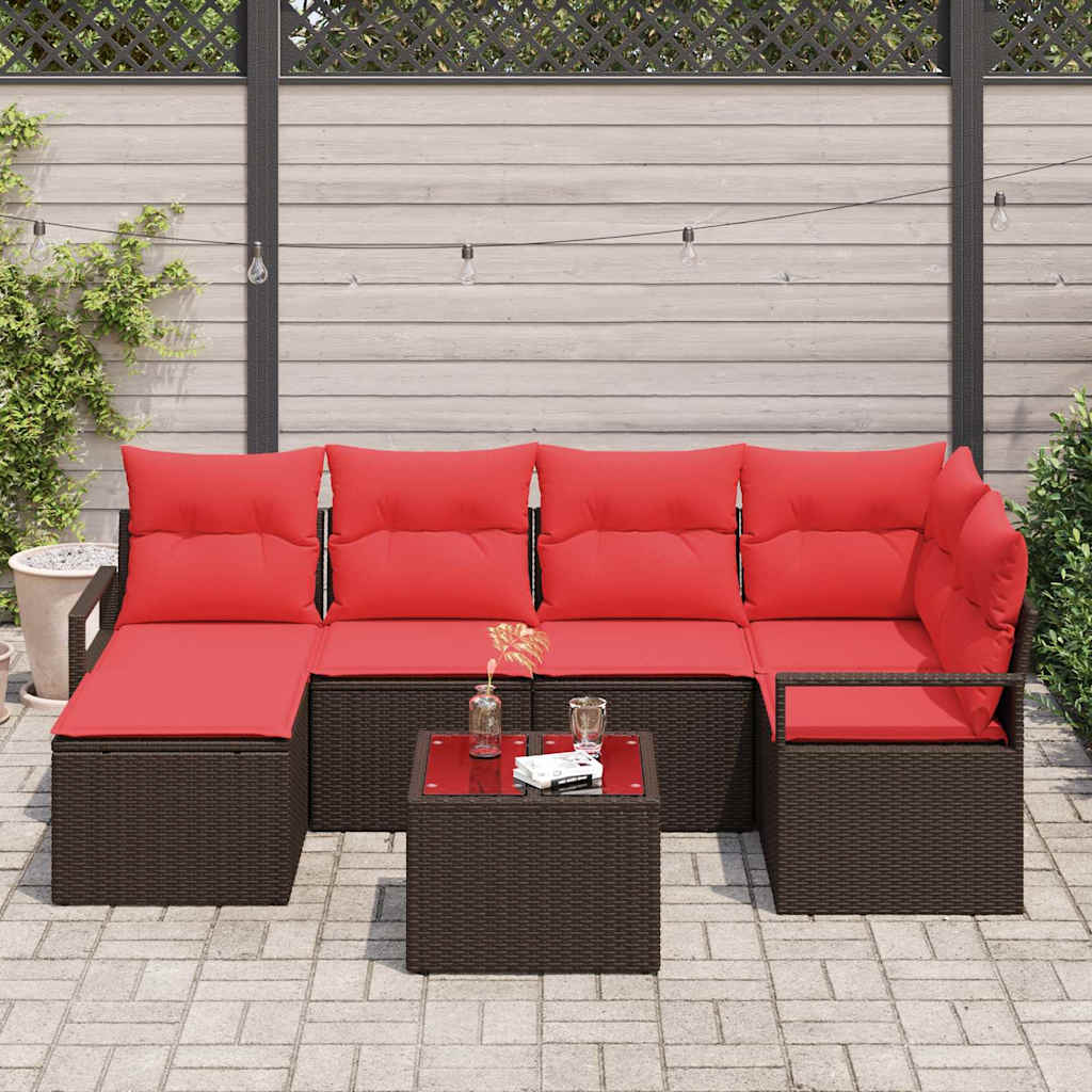 Sofa Set mit Kissen 7 pcs Braun und Rot Poly-Rattan