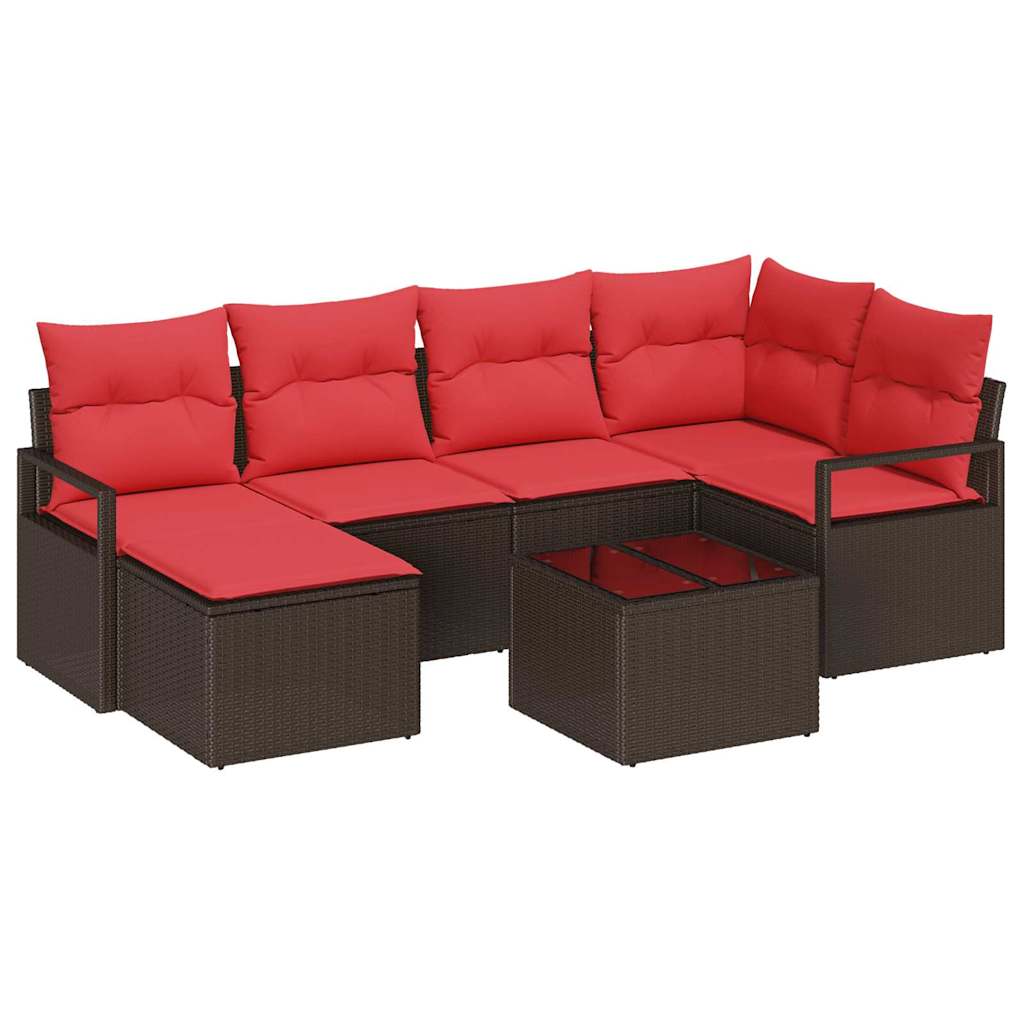 Sofa Set mit Kissen 7 pcs Braun und Rot Poly-Rattan
