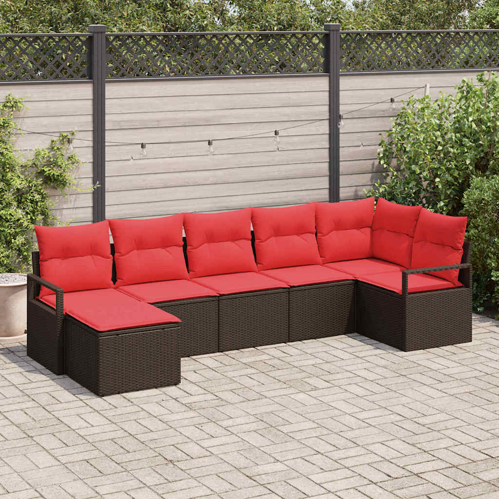 Sofa Set mit Kissen 7 pcs Braun und Rot Poly-Rattan