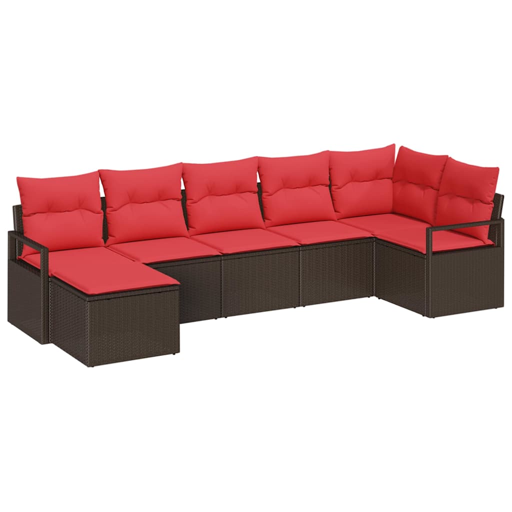 Sofa Set mit Kissen 7 pcs Braun und Rot Poly-Rattan