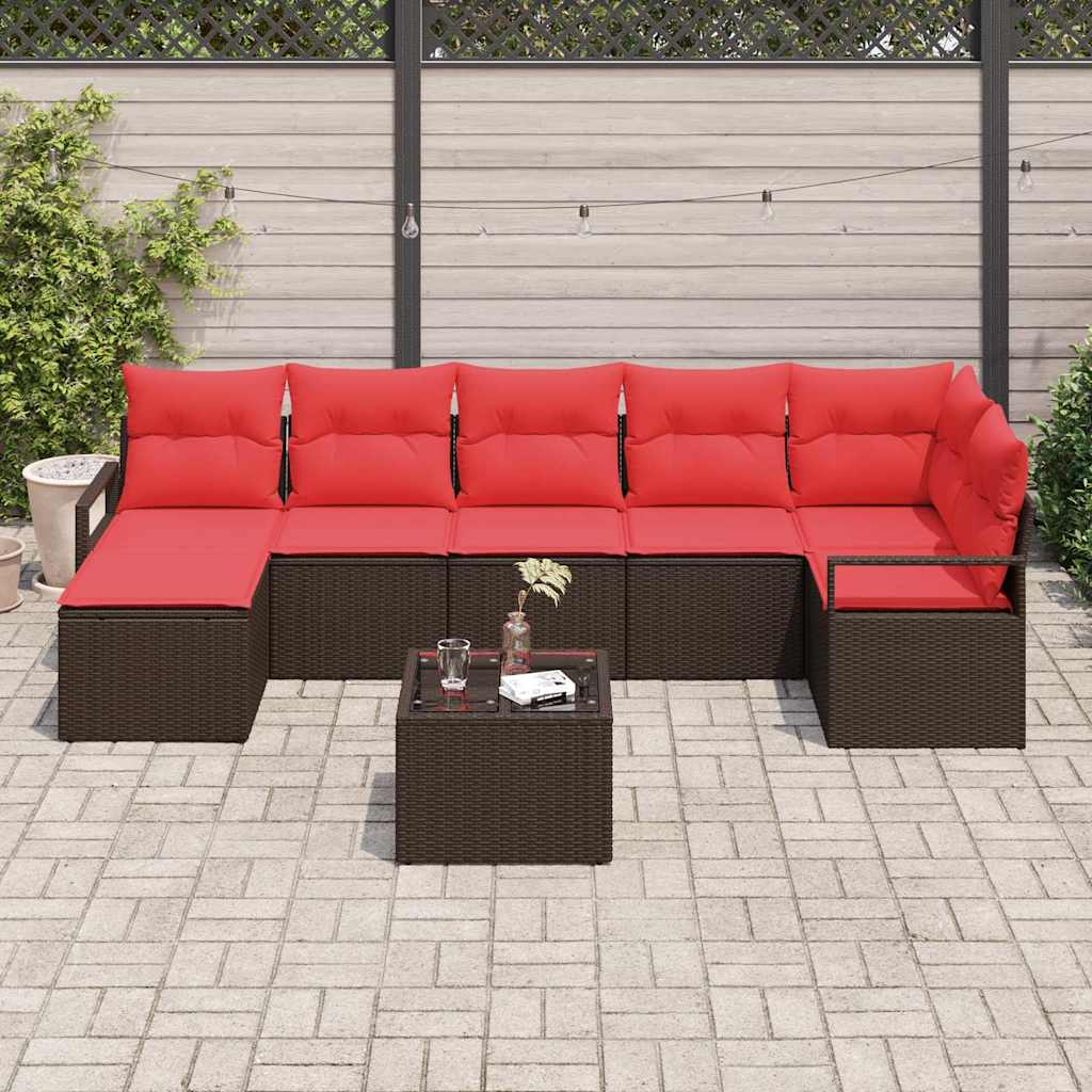Sofa Set mit Kissen 8 pcs Braun und Rot Poly-Rattan