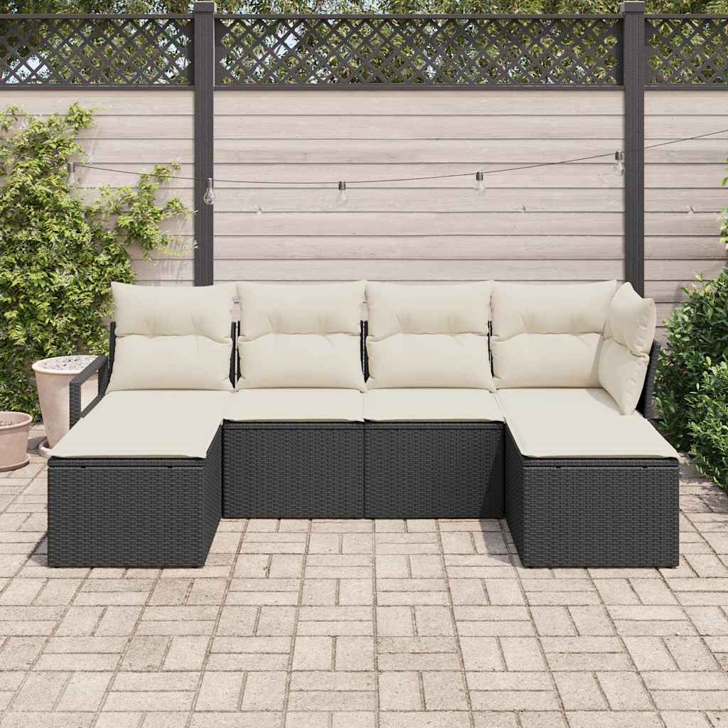 Sofa Set mit Kissen 6 pcs Schwarz und Creme Poly-Rattan