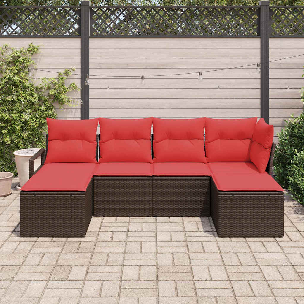 Sofa Set mit Kissen 6 pcs Braun und Rot Poly-Rattan