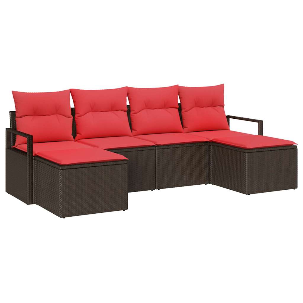 Sofa Set mit Kissen 6 pcs Braun und Rot Poly-Rattan