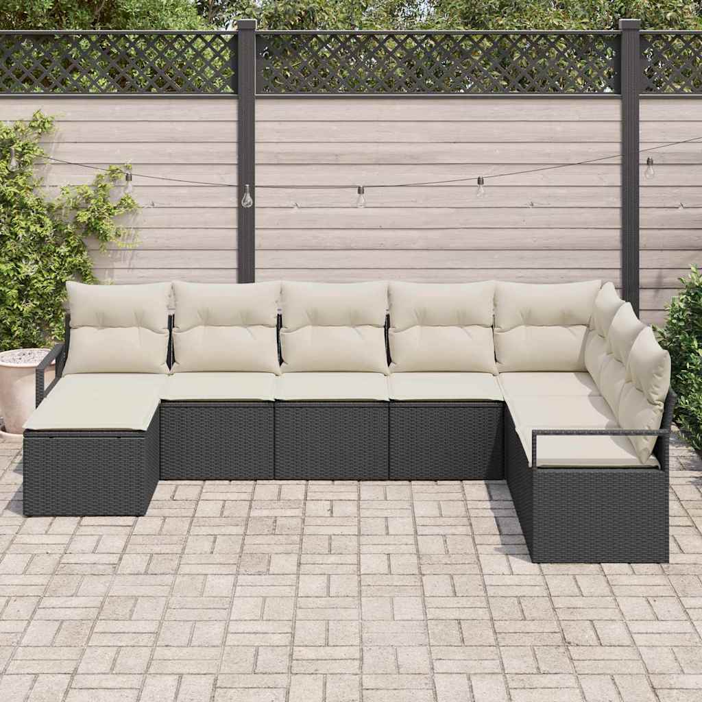 Sofa Set mit Kissen 8 pcs Schwarz und Creme Poly-Rattan