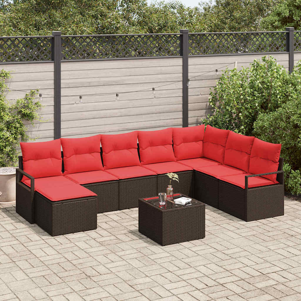Sofa Set mit Kissen 9 pcs Braun und Rot Poly-Rattan
