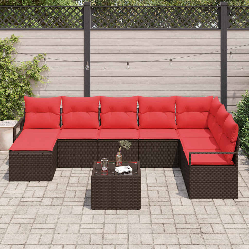 Sofa Set mit Kissen 9 pcs Braun und Rot Poly-Rattan