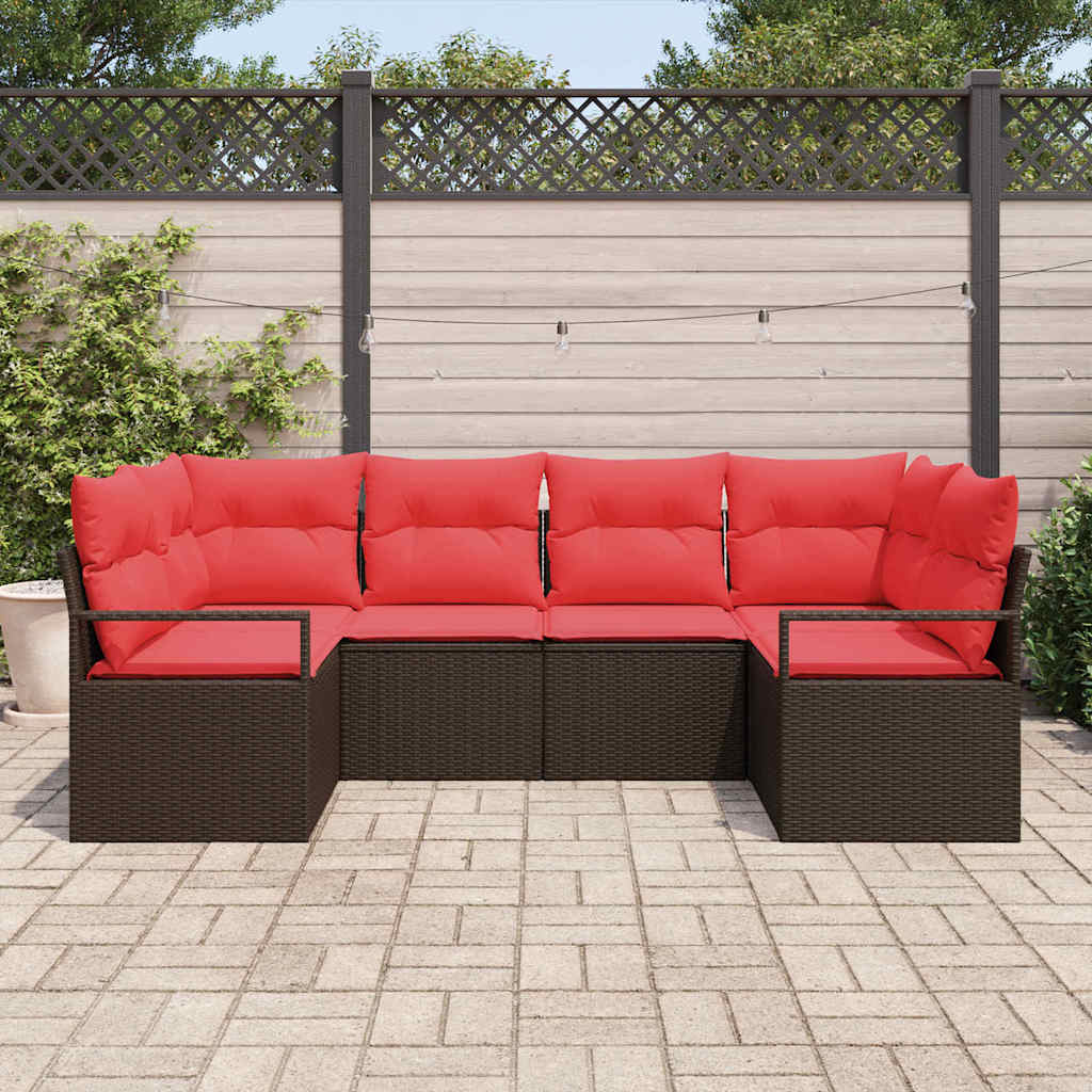 Gartensofa-set mit Kissen 6 pcs Braun und Rot Poly-Rattan