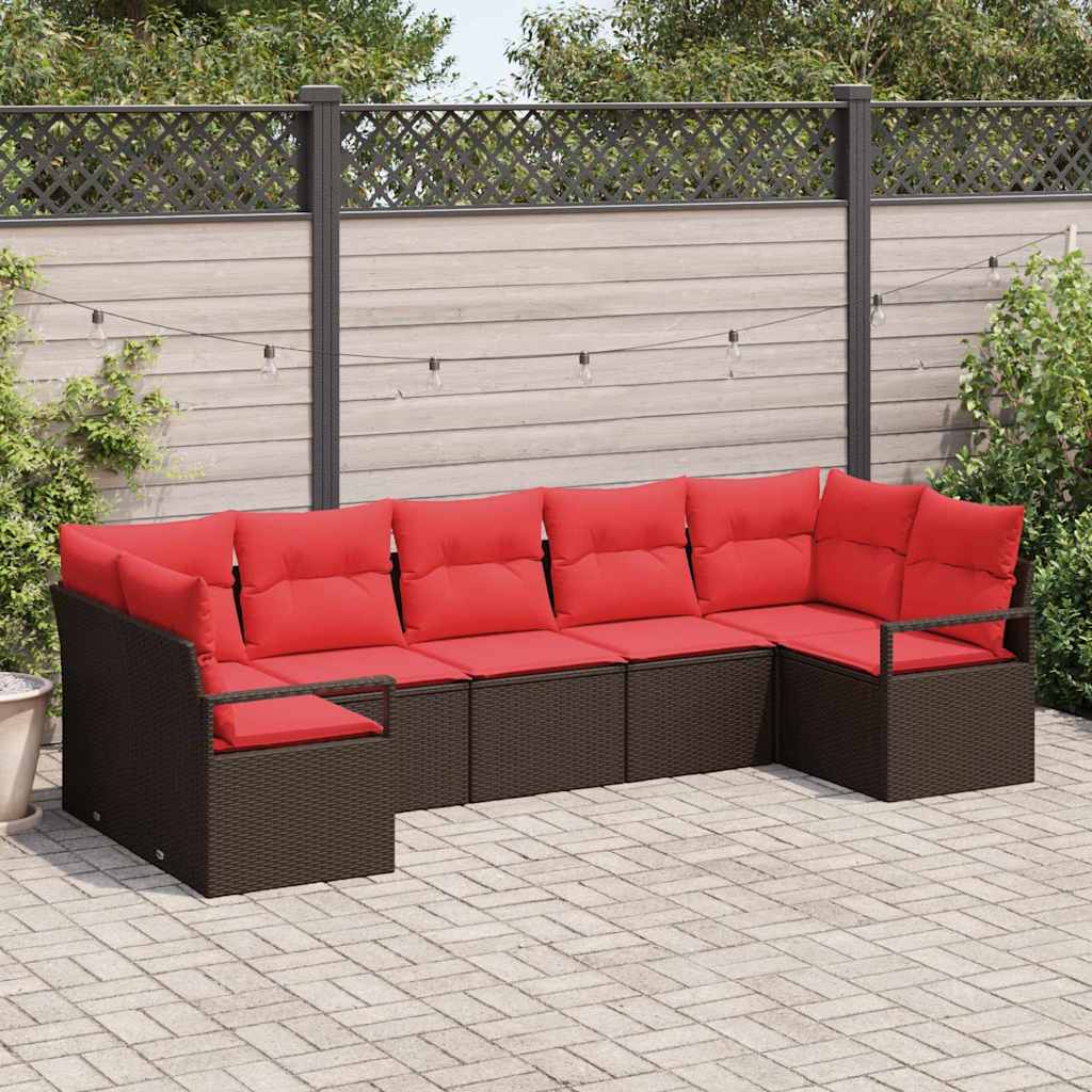 Gartensofa-set mit Kissen 7 pcs Braun und Rot Poly-Rattan