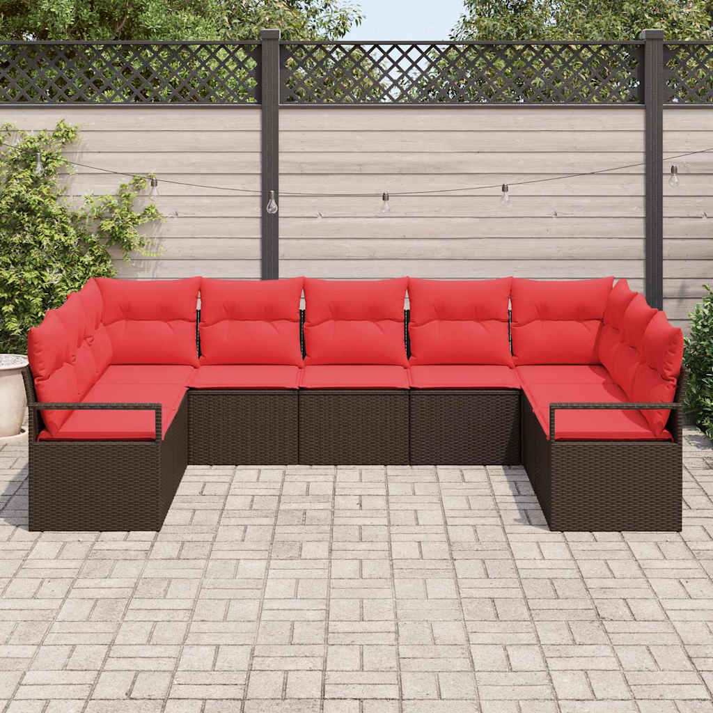 Gartensofa-set mit Kissen 7 pcs Braun und Rot Poly-Rattan
