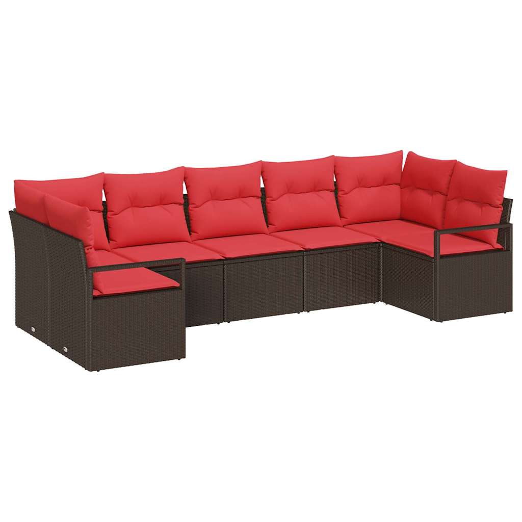 Gartensofa-set mit Kissen 7 pcs Braun und Rot Poly-Rattan