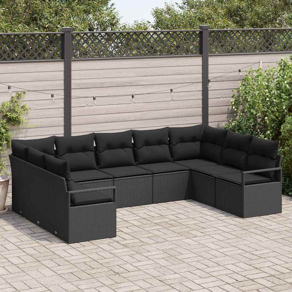 Gartensofa-set mit Kissen 9 pcs Schwarz Poly-Rattan
