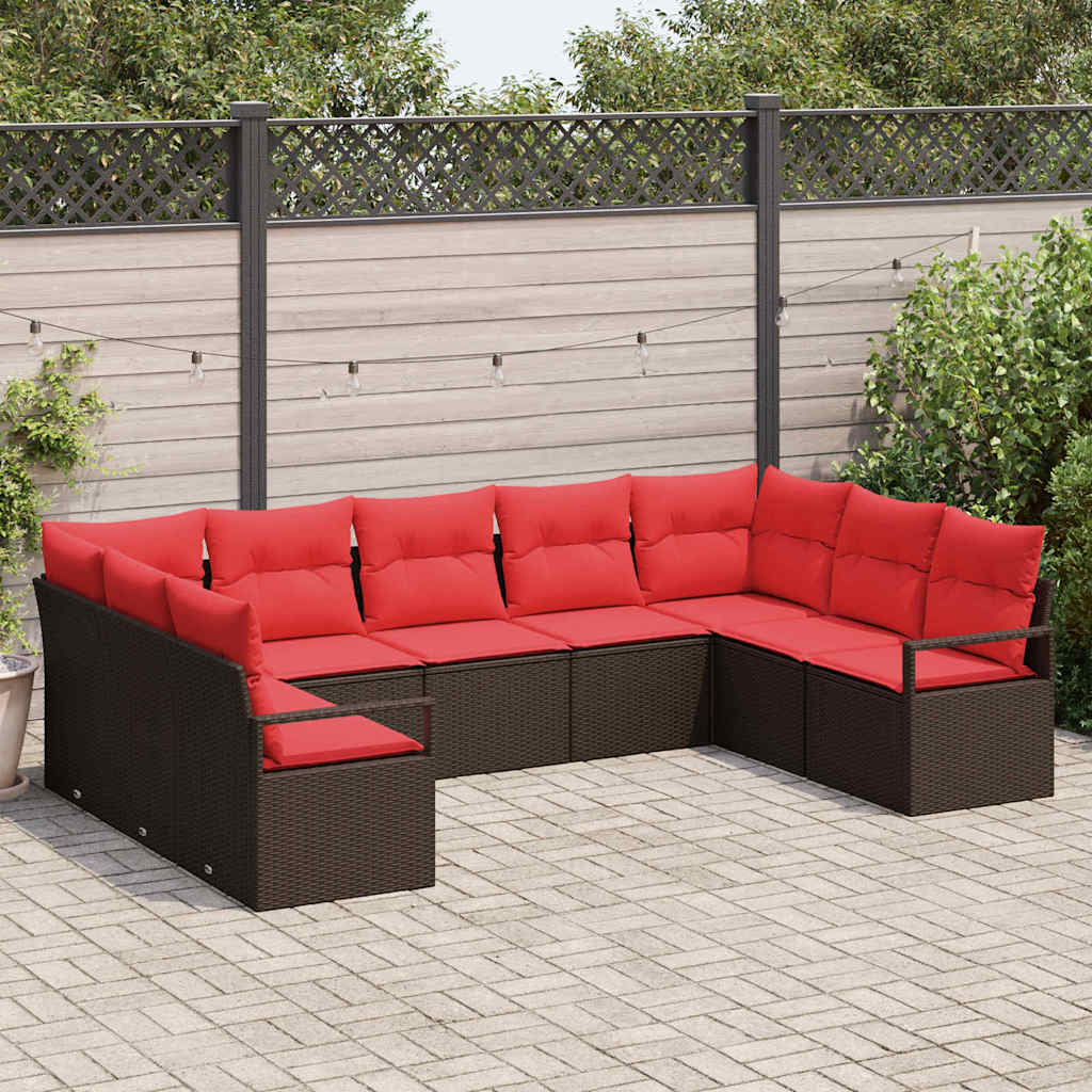 Gartensofa-set mit Kissen 9 pcs Braun und Rot Poly-Rattan