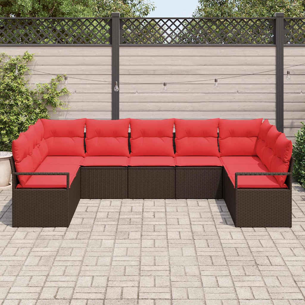Gartensofa-set mit Kissen 9 pcs Braun und Rot Poly-Rattan