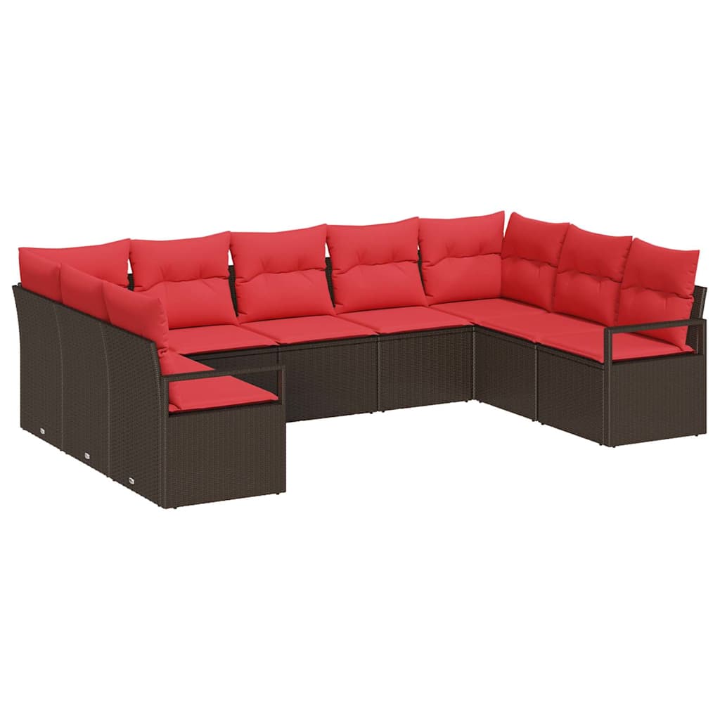 Gartensofa-set mit Kissen 9 pcs Braun und Rot Poly-Rattan