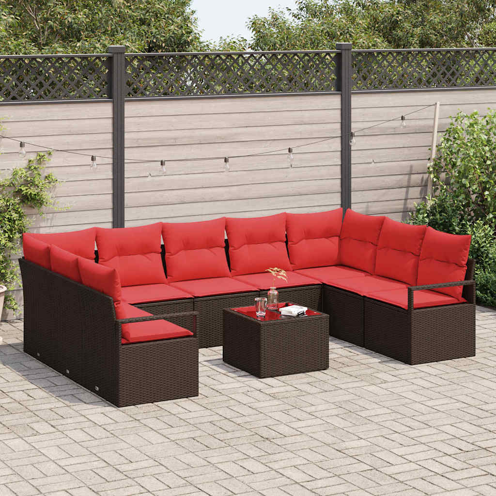 Gartensofa-set mit Kissen 10 pcs Braun und Rot Poly-Rattan