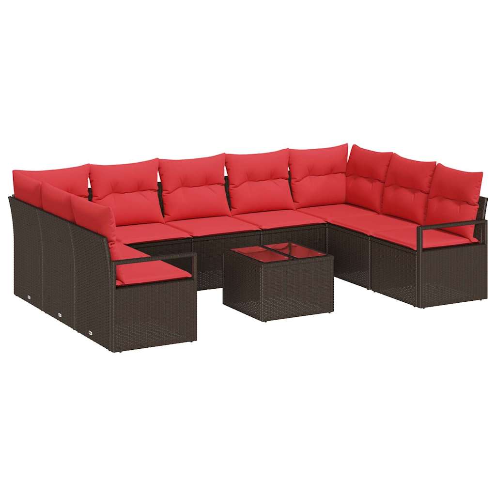 Gartensofa-set mit Kissen 10 pcs Braun und Rot Poly-Rattan