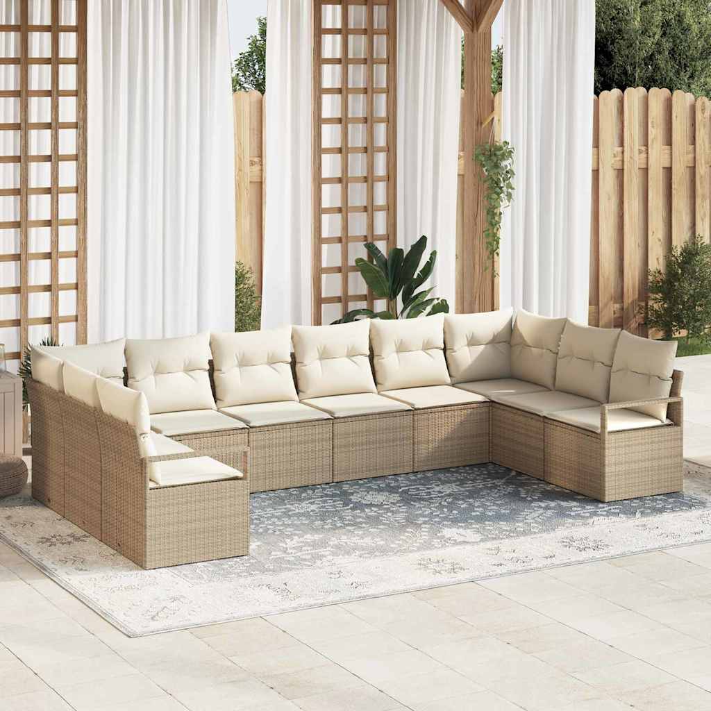 Gartensofa-set mit Kissen 10 pcs Beige und Weiß Poly-Rattan