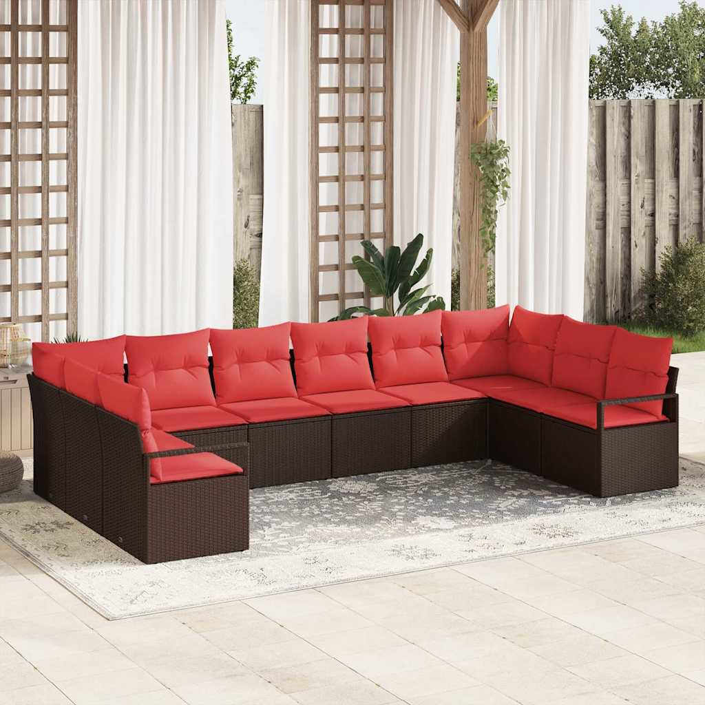 Gartensofa-set mit Kissen 10 pcs Braun und Rot Poly-Rattan
