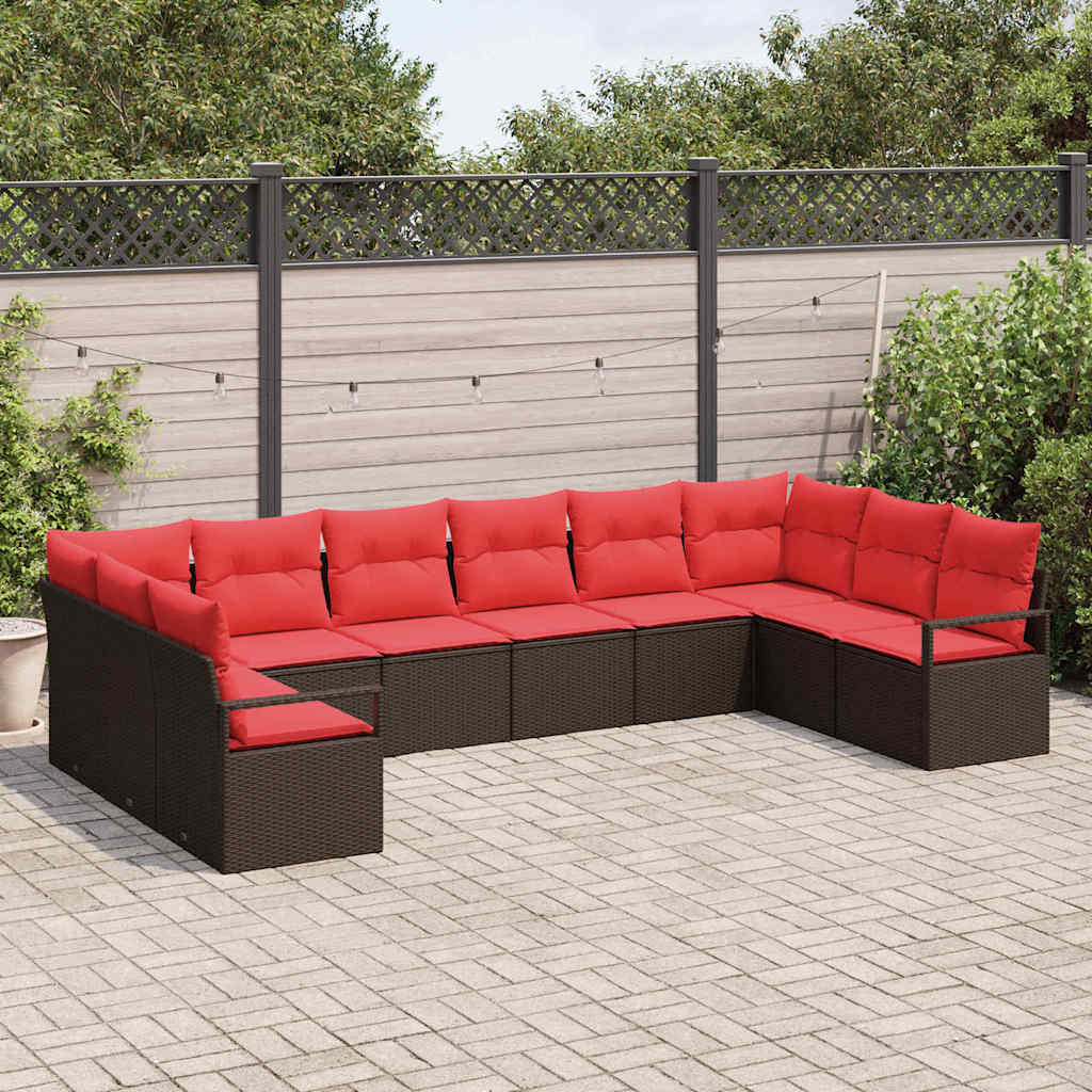 Gartensofa-set mit Kissen 10 pcs Braun und Rot Poly-Rattan