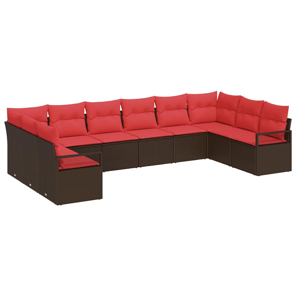 Gartensofa-set mit Kissen 10 pcs Braun und Rot Poly-Rattan