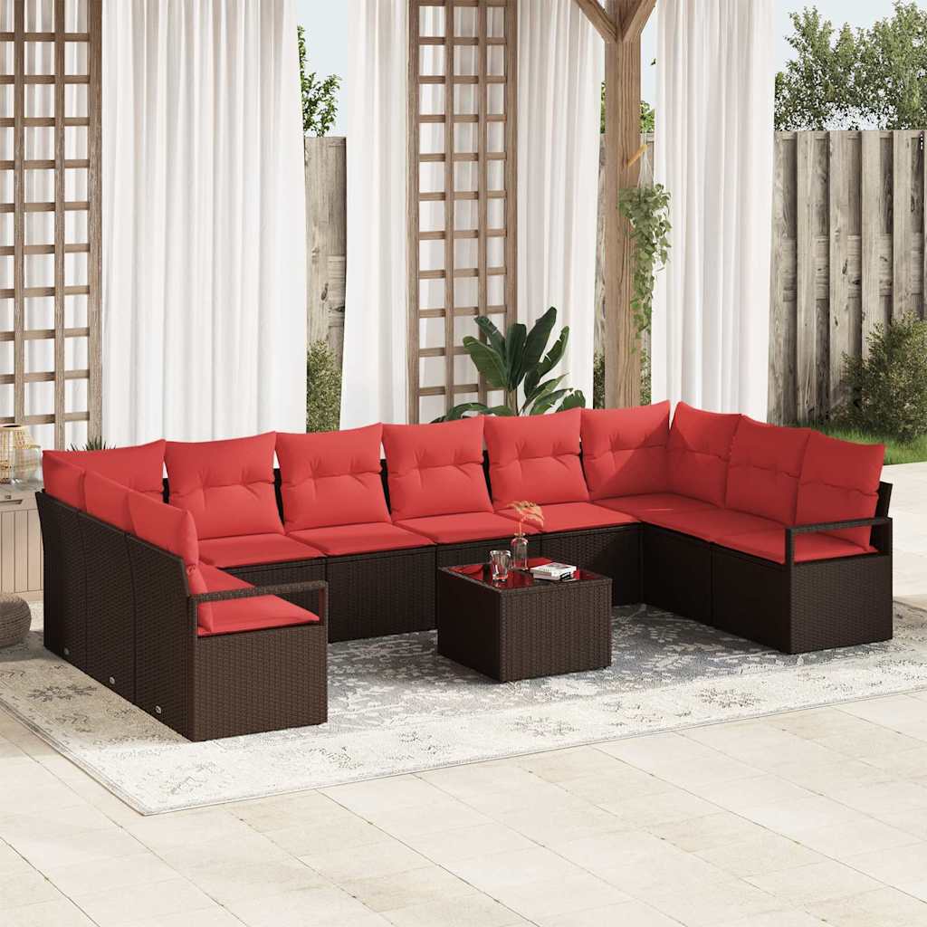 Gartensofa-set mit Kissen 11 pcs Braun und Rot Poly-Rattan