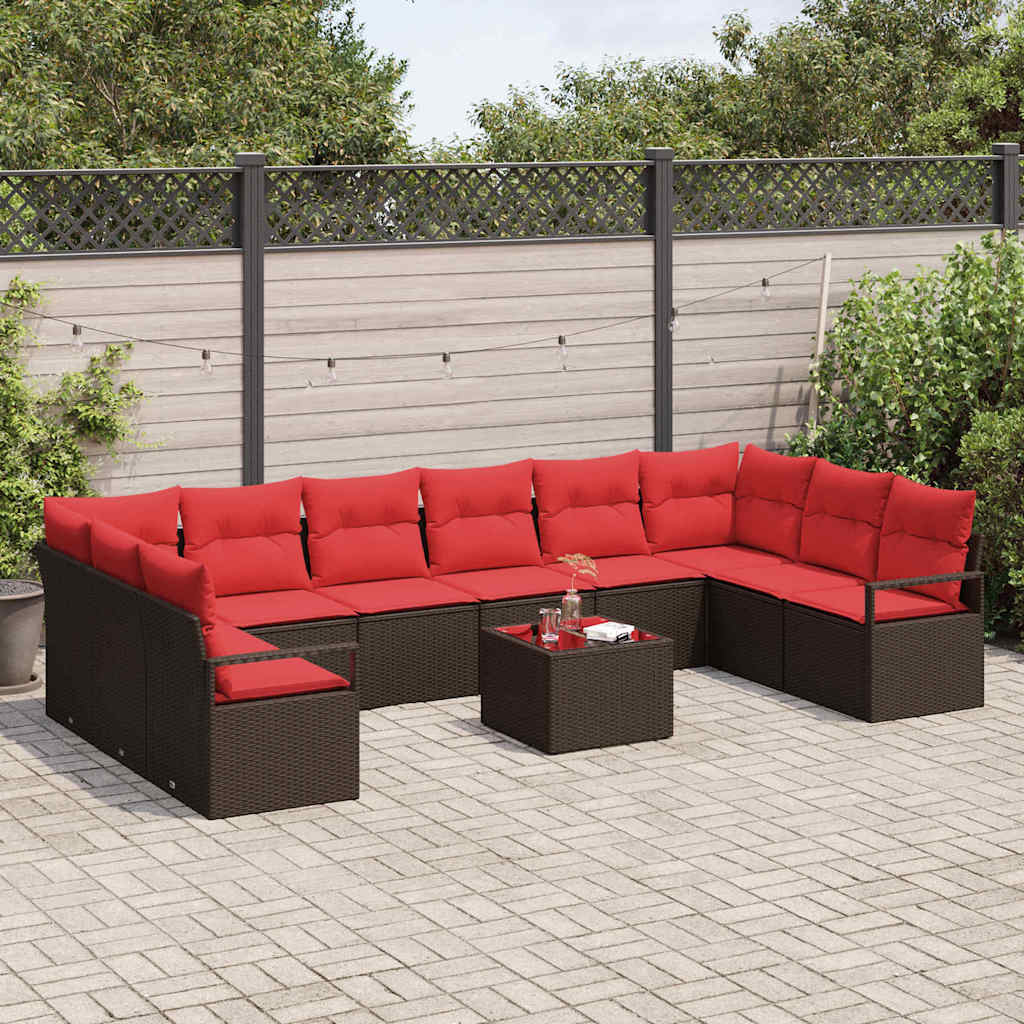 Gartensofa-set mit Kissen 11 pcs Braun und Rot Poly-Rattan