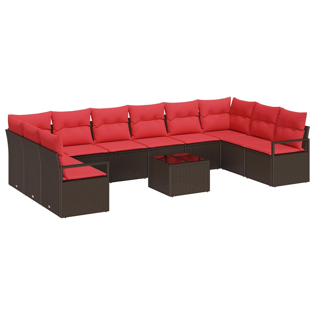 Gartensofa-set mit Kissen 11 pcs Braun und Rot Poly-Rattan