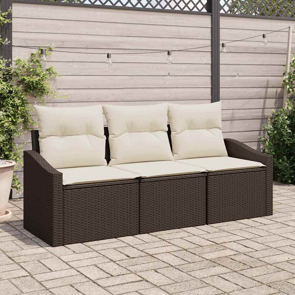 Gartensofa-set mit Kissen 3 pcs Braun und Weiß Poly-Rattan