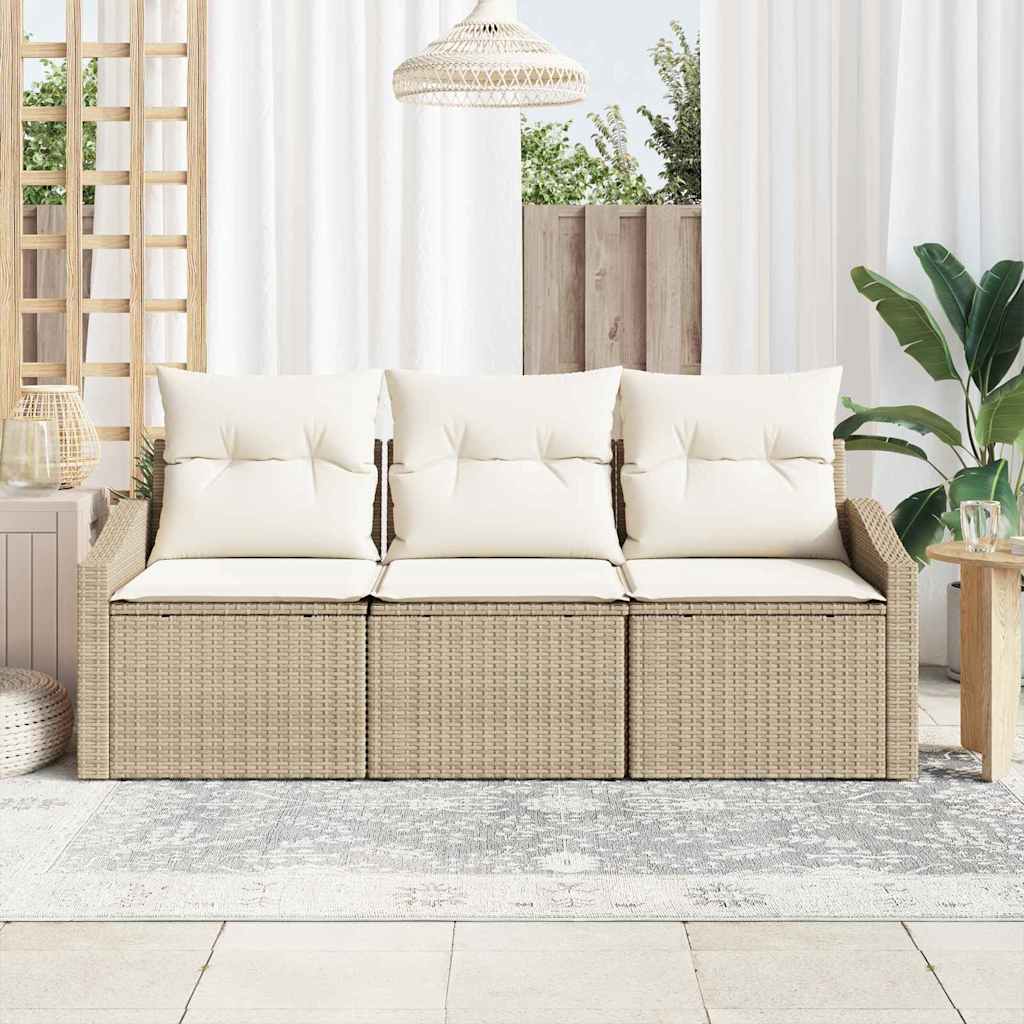 Gartensofa-set mit Kissen 3 pcs Beige und Weiß Poly-Rattan