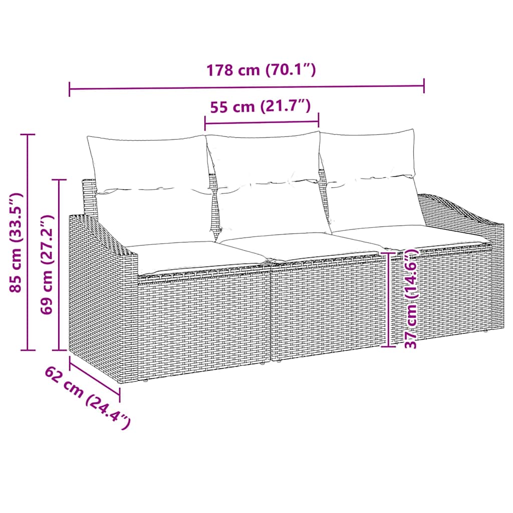 Gartensofa-set mit Kissen 3 pcs Schwarz Poly-Rattan