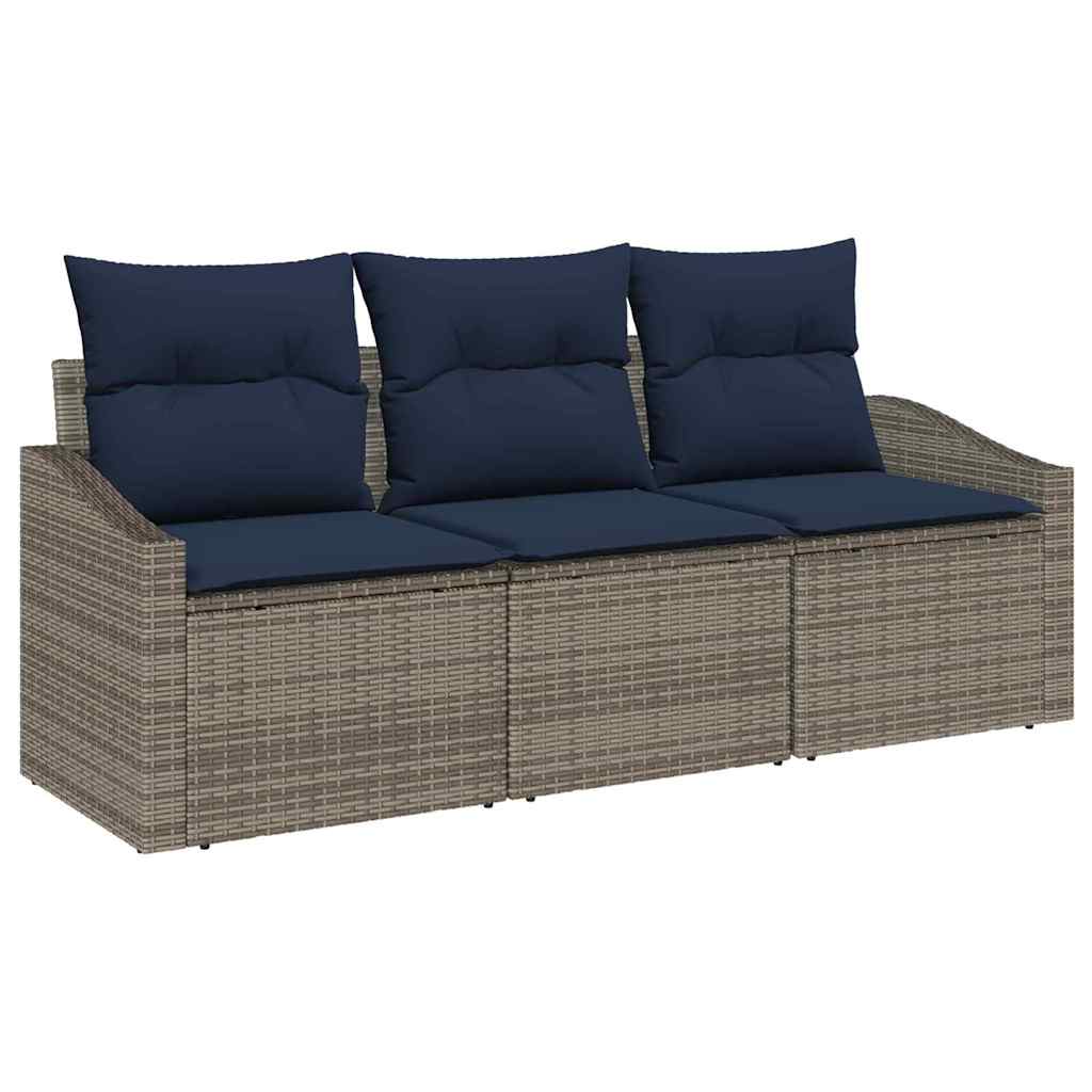 Gartensofa-set mit Kissen 3 pcs Grau und Marineblau Poly-Rattan
