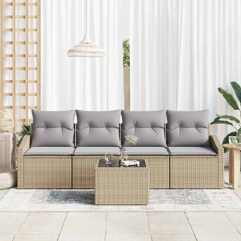 Sofa Set mit Kissen 5 pcs Beige und Grau Poly-Rattan