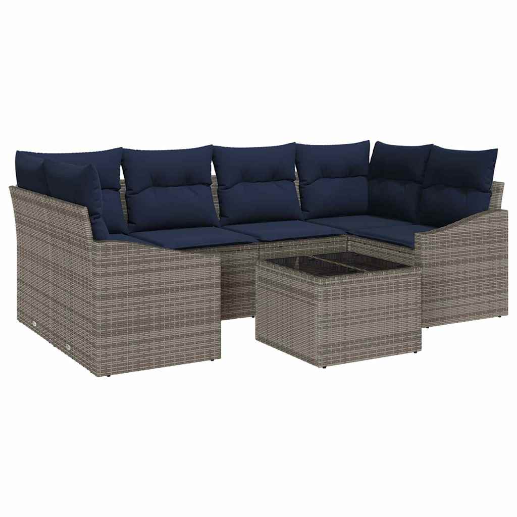 Sofa Set mit Kissen 7 pcs Grau und Marineblau Poly-Rattan