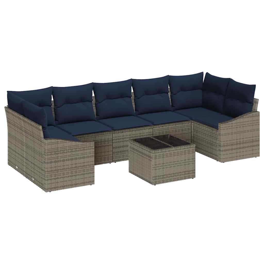 Sofa Set mit Kissen 8 pcs Grau und Marineblau Poly-Rattan