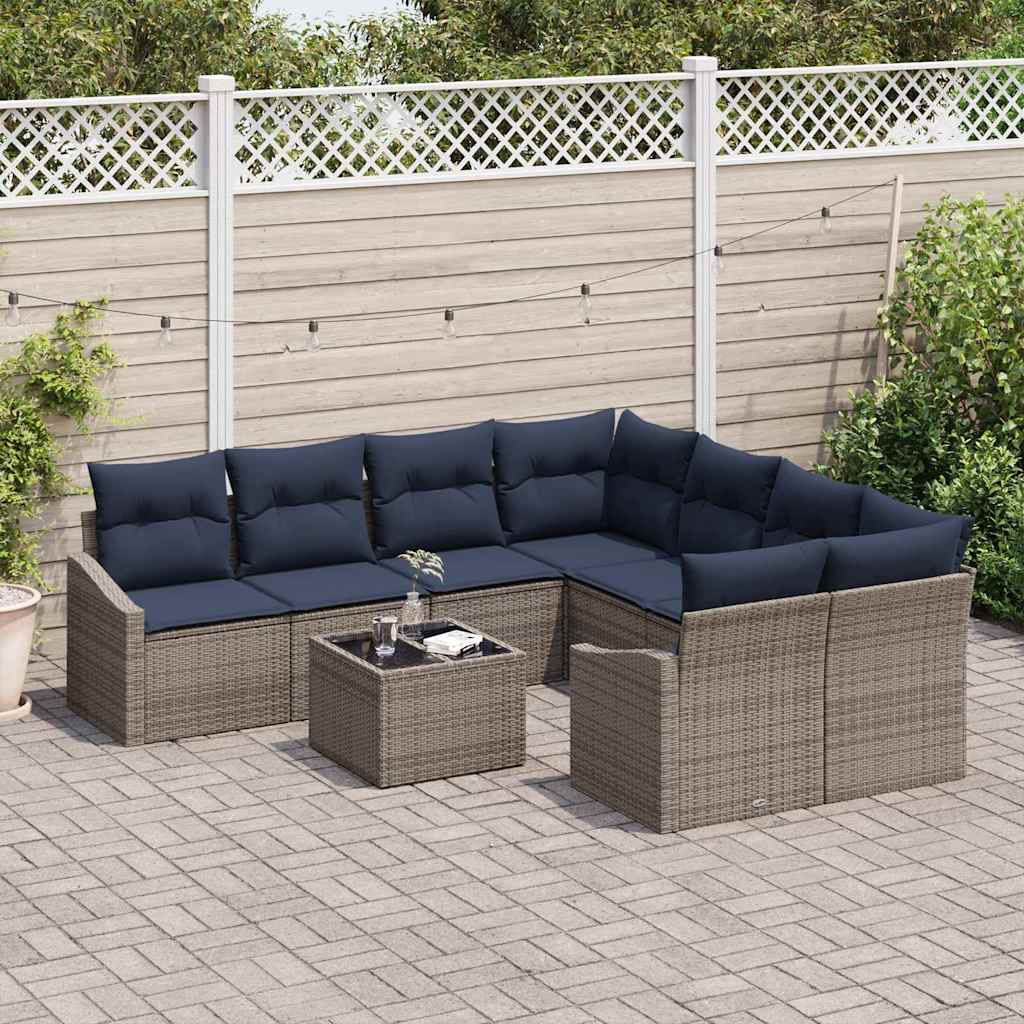 Sofa Set mit Kissen 9 pcs Grau und Marineblau Poly-Rattan