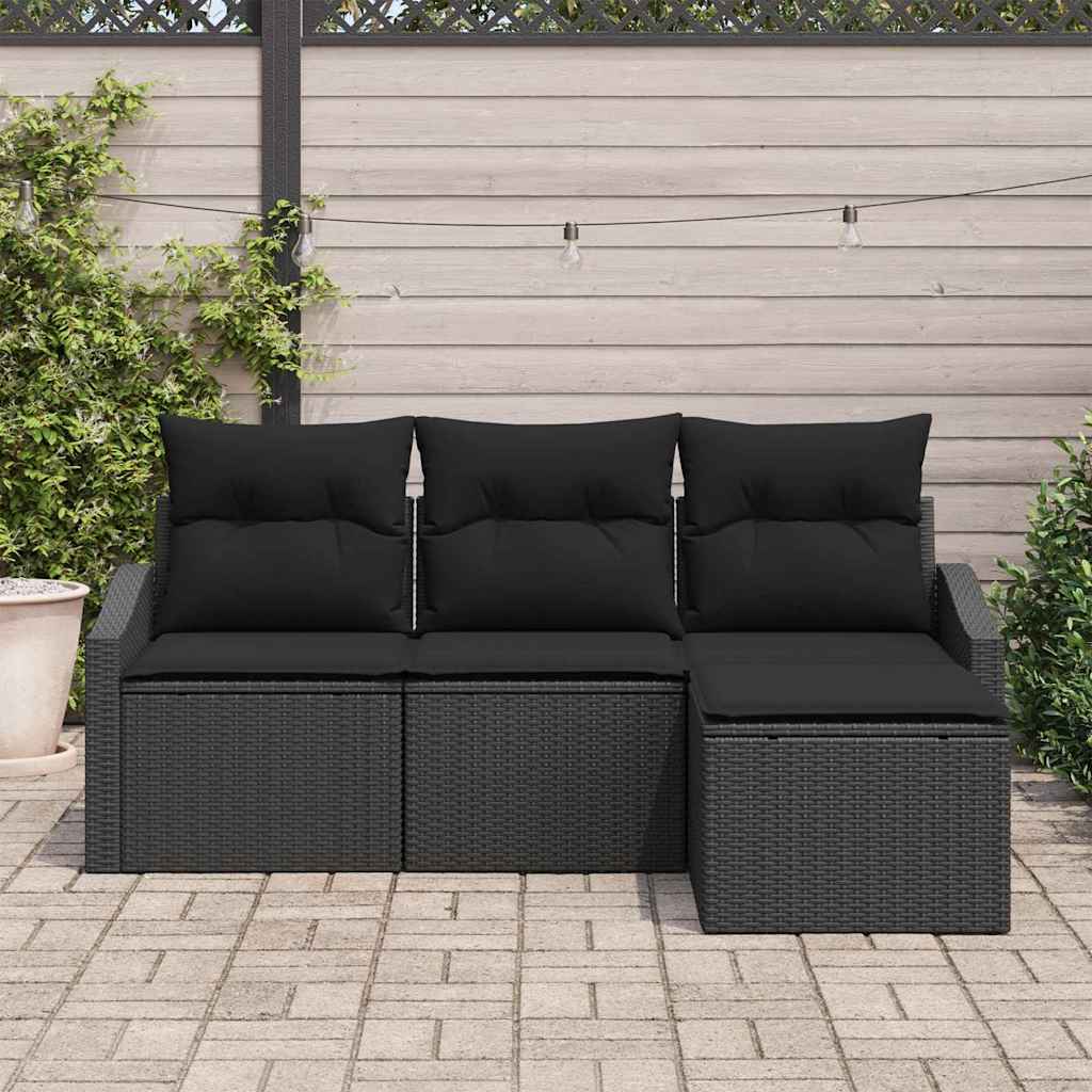Sofa Set mit Kissen mit Speicher 4 pcs Schwarz Poly-Rattan